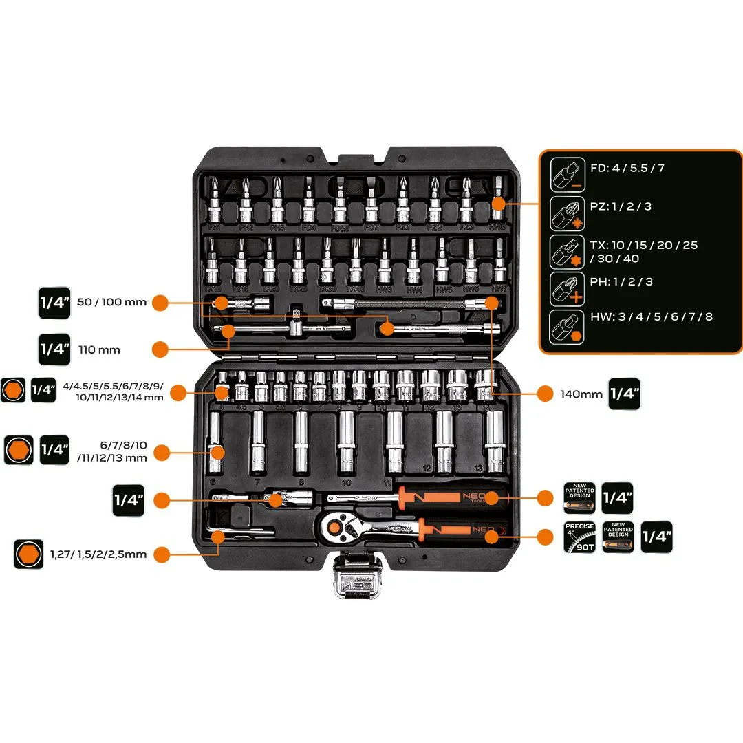 Набор инструментов Neo Tools, Набор торцевых головок, 1/2", 1/4", CrV, кейс, 73шт