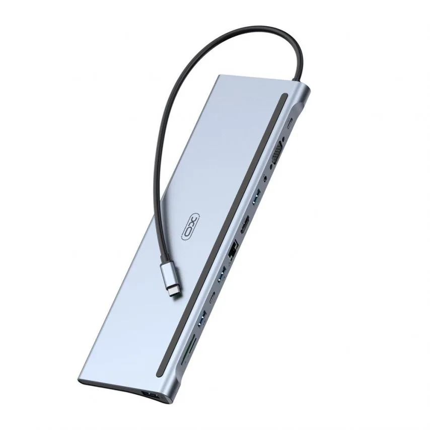 Перехідник USB-хаб 12в1 XO метал срібний Type-C 3 порти HDMI VGA SD TF LAN mini Jack