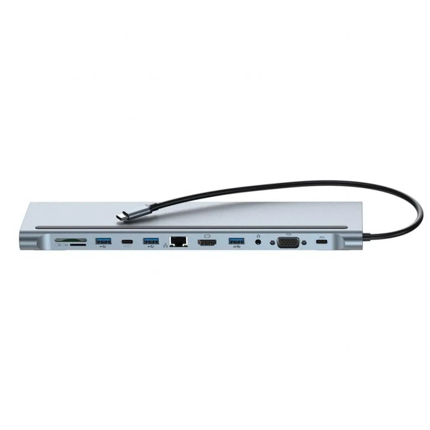 Перехідник USB-хаб 12в1 XO метал срібний Type-C 3 порти HDMI VGA SD TF LAN mini Jack