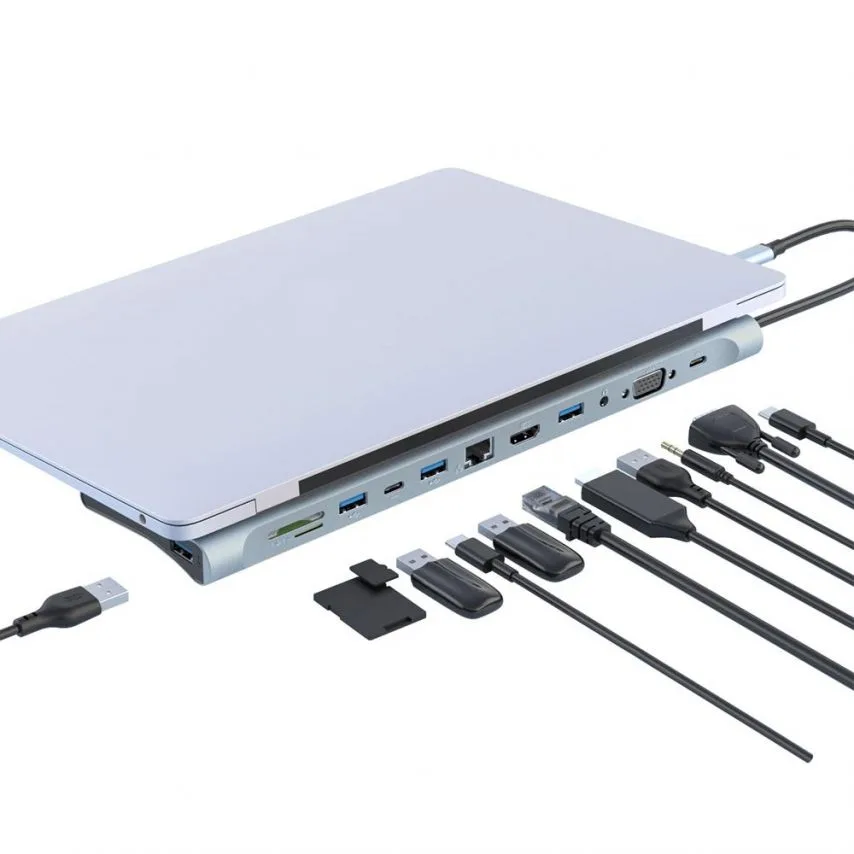 Перехідник USB-хаб 12в1 XO метал срібний Type-C 3 порти HDMI VGA SD TF LAN mini Jack