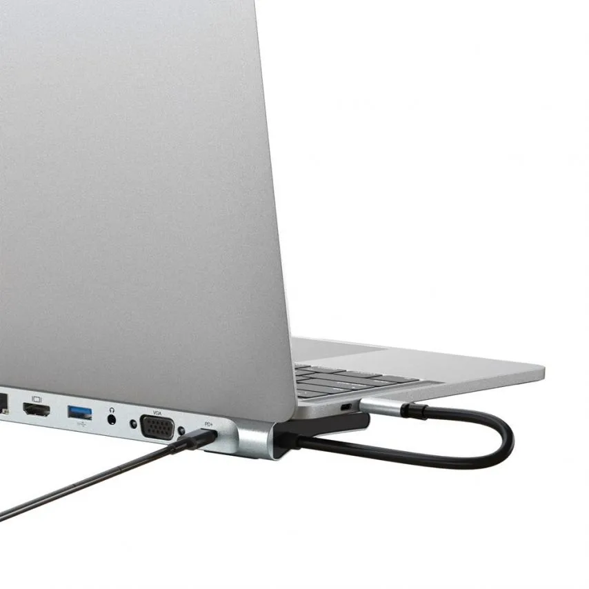 Перехідник USB-хаб 12в1 XO метал срібний Type-C 3 порти HDMI VGA SD TF LAN mini Jack