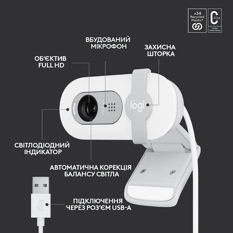 Веб-камера Logitech Дротова USB 1920x1080 Вбудований мікрофон Білий 1,5 м