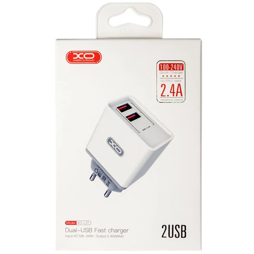 Мережевий зарядний пристрій XO адаптер 2USB 2.4A білий