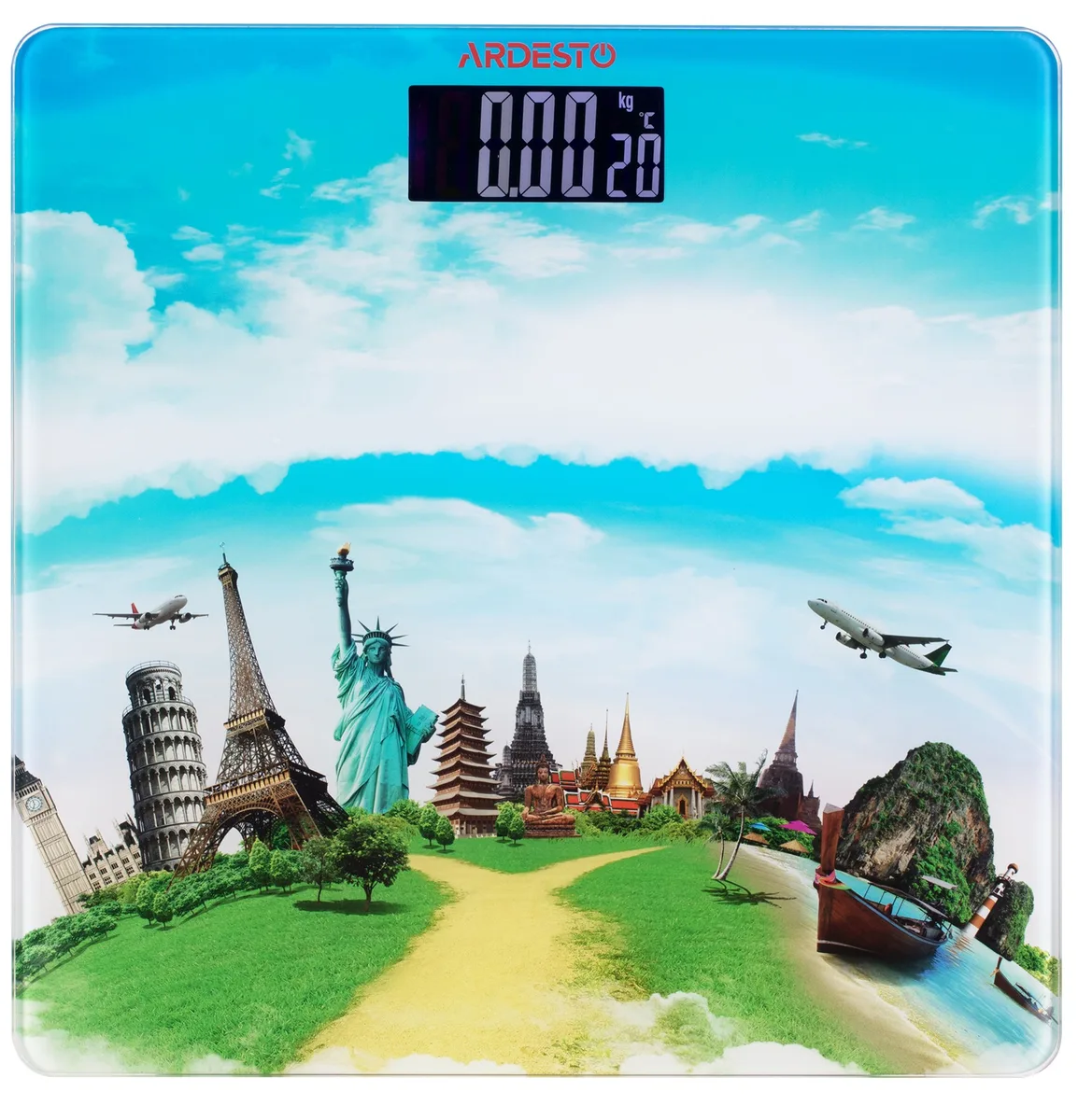 Ваги ARDESTO для підлоги Travel, 150 кг, 2 батарейки AAA в комплекті, скляні, кольорові.