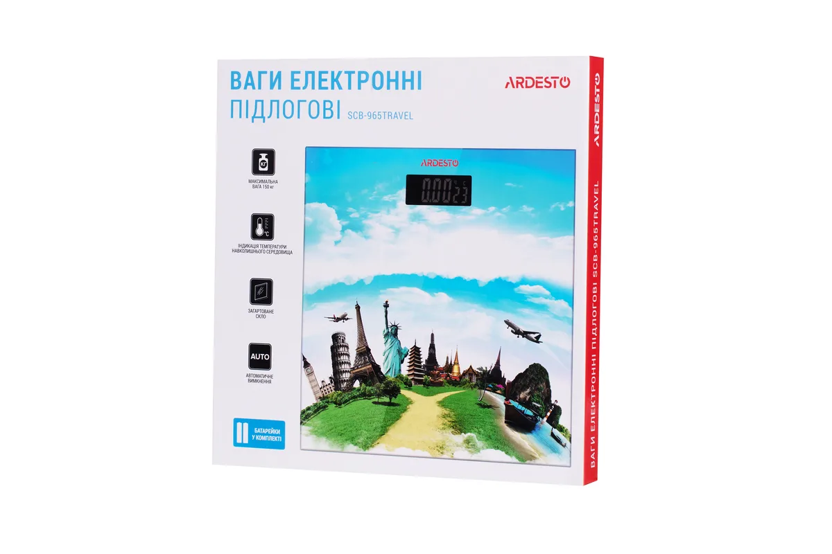 Ваги ARDESTO для підлоги Travel, 150 кг, 2 батарейки AAA в комплекті, скляні, кольорові.