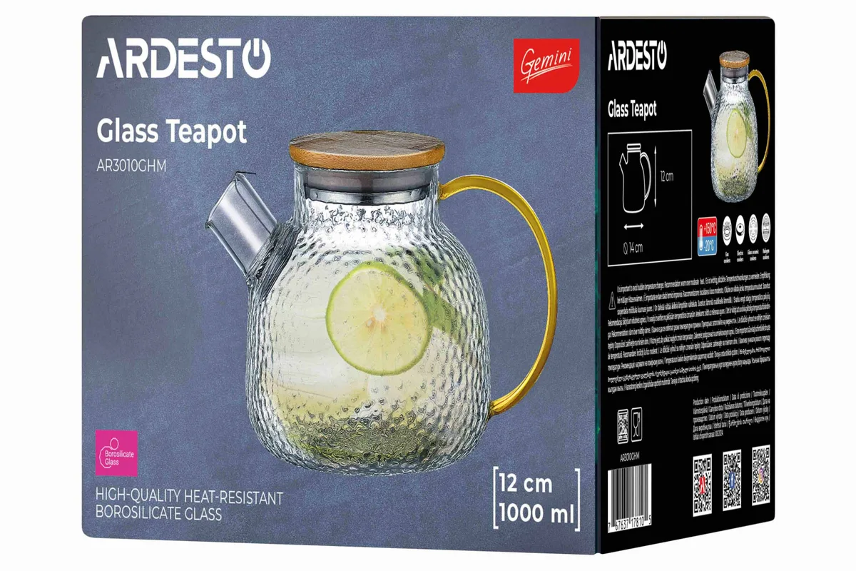 Заварник ARDESTO Gemini Dew 1000 мл, з боросилікатного скла, з бамбуковими елементами, прозорий.