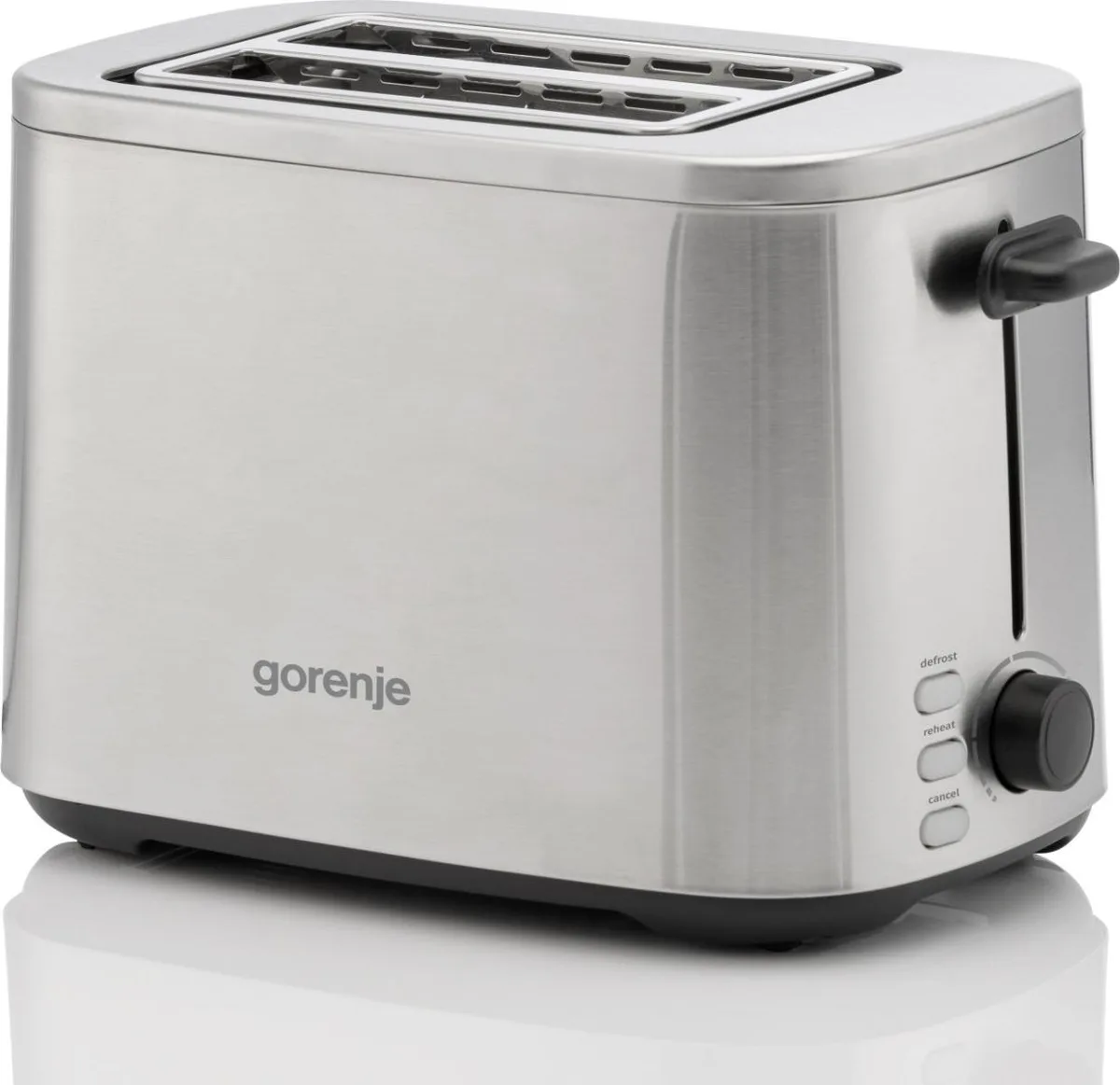 Тостер Gorenje 800Вт з функціями підігріву та розморожування, пластиковий корпус, сріблястого кольору.