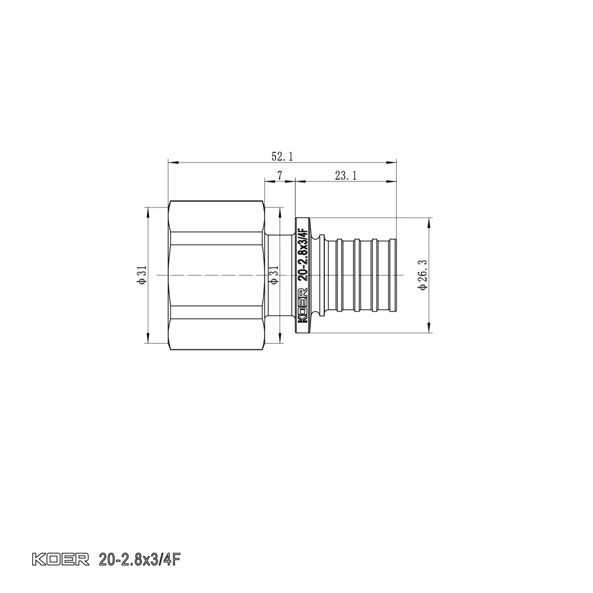 Перехідник Koer латунь 20мм x 3/4"F латунний