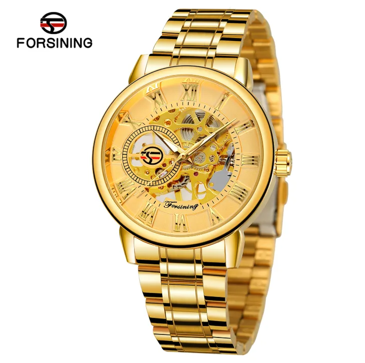 Мужские механические часы Forsining Skeleton S838-2 золотые нержавеющая сталь 4,2 см