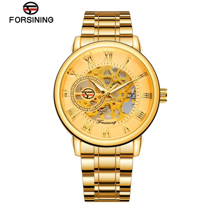 Мужские механические часы Forsining Skeleton S838-2 золотые нержавеющая сталь 4,2 см