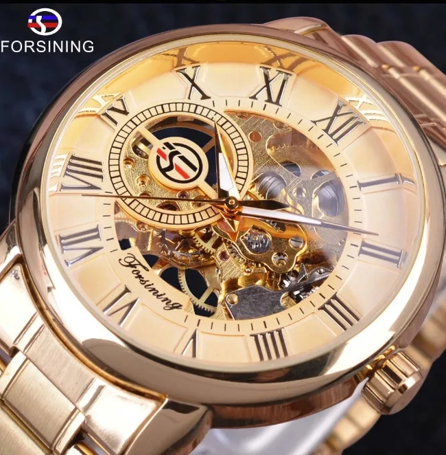 Мужские механические часы Forsining Skeleton S838-2 золотые нержавеющая сталь 4,2 см