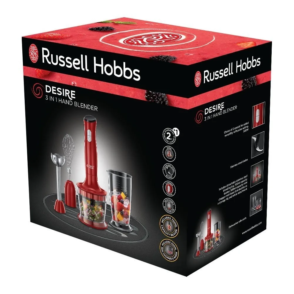 Занурювальний блендер Russell Hobbs Desire 500Вт, 2в1, чаша 500мл, червоний.