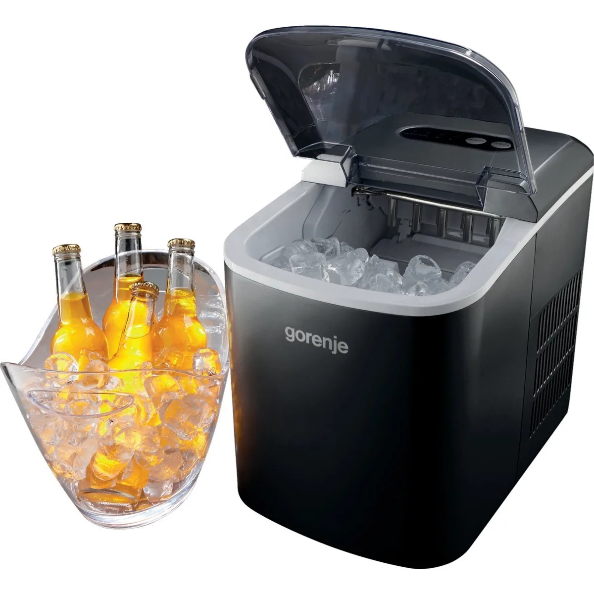 Льодовий автомат для дому Gorenje, 12 кг/добу, 2.2 л, з екраном, чорний.