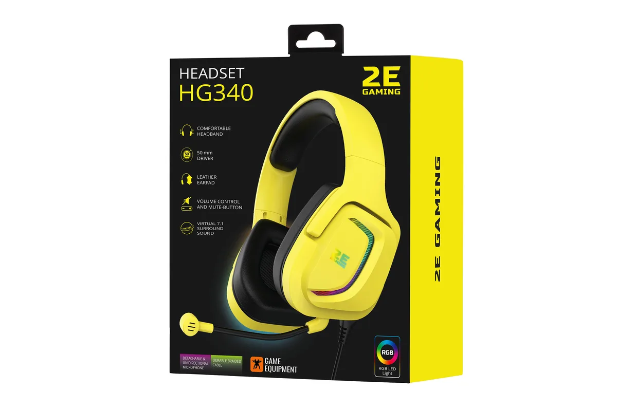 Гарнітура ігрова 2E GAMING HG340, 7.1, USB-A, RGB, 2м, жовтий