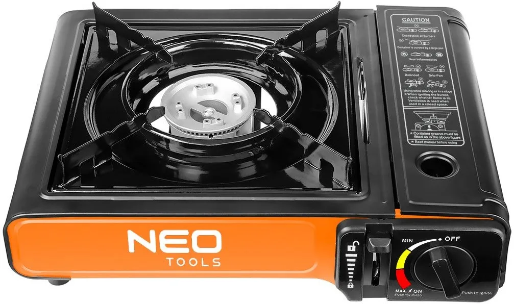 Портативна газова плита Neo Tools, потужність 2.1 кВт, з п’єзорозпалом, витрата 150 г/год, у зручному кейсі.