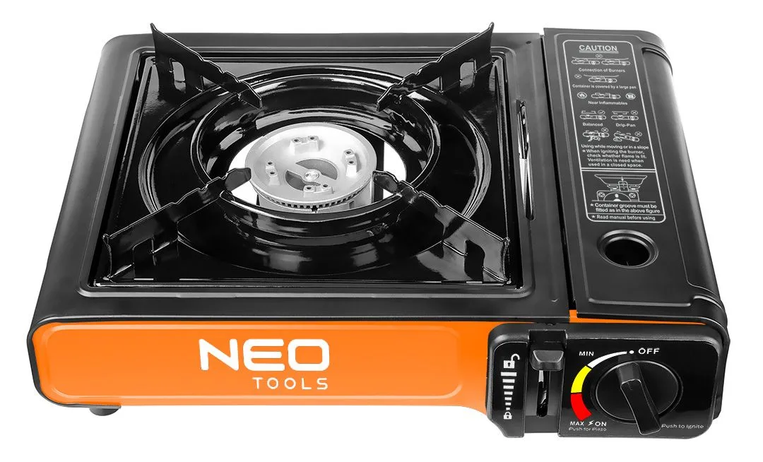 Портативна газова плита Neo Tools, потужність 2.1 кВт, з п’єзорозпалом, витрата 150 г/год, у зручному кейсі.