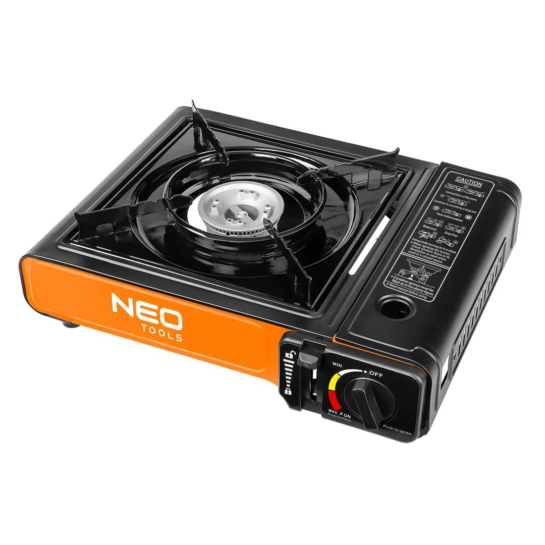 Портативна газова плита Neo Tools, потужність 2.1 кВт, з п’єзорозпалом, витрата 150 г/год, у зручному кейсі.