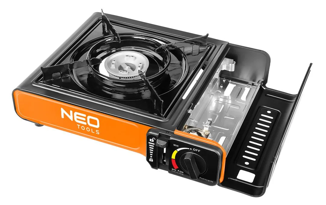Портативна газова плита Neo Tools, потужність 2.1 кВт, з п’єзорозпалом, витрата 150 г/год, у зручному кейсі.
