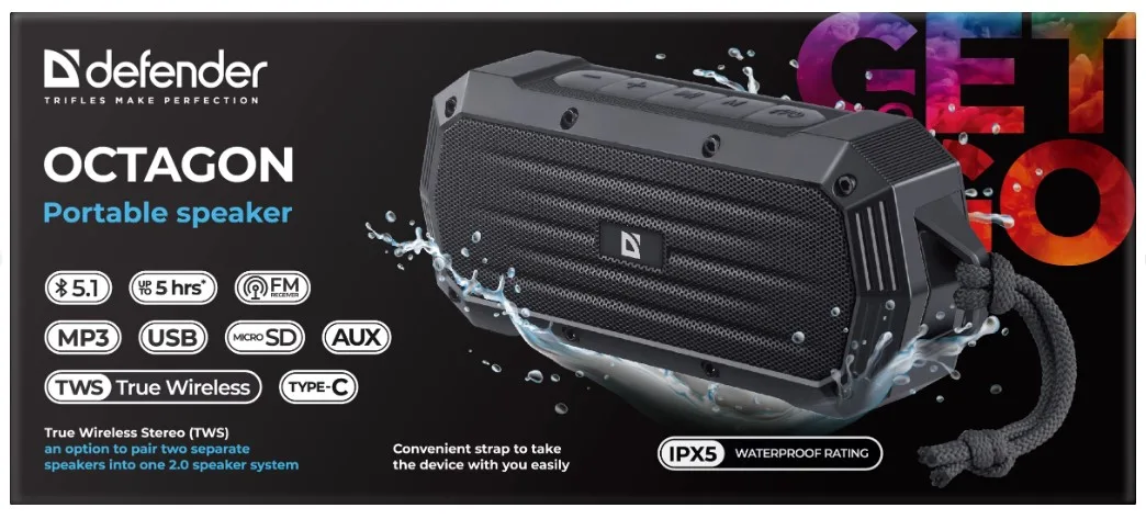 Портативна акустика Defender пластикова 4,5х7,7х18,5 см чорна