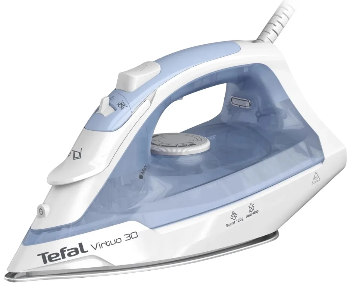 Праска Tefal Virtuo 30, 2000 Вт, 240 мл, паровий удар до 120 °C, постійна подача пари 27 г/хв, керамічна підошва, блакитно-біла.