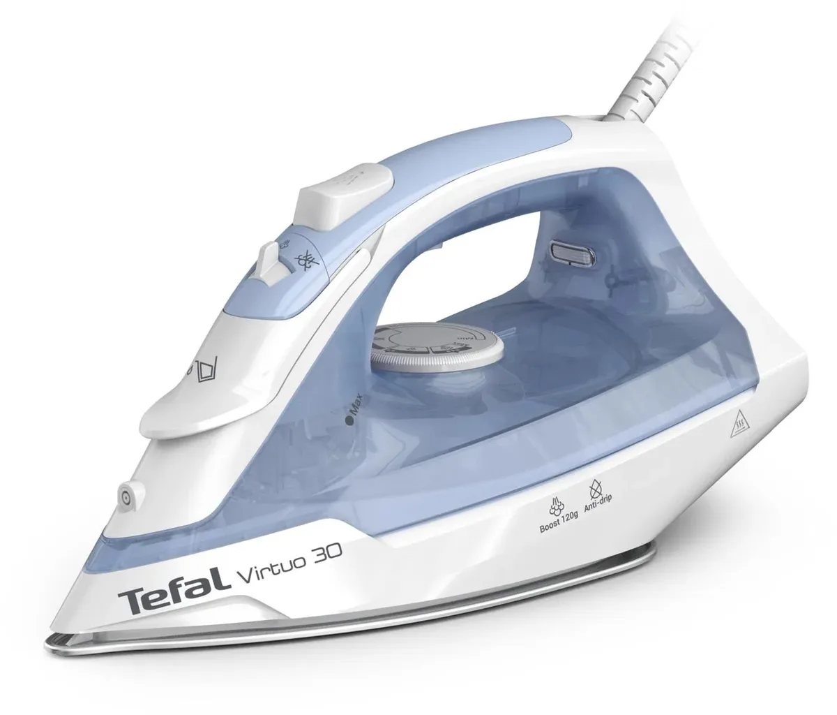 Праска Tefal Virtuo 30, 2000 Вт, 240 мл, паровий удар до 120 °C, постійна подача пари 27 г/хв, керамічна підошва, блакитно-біла.