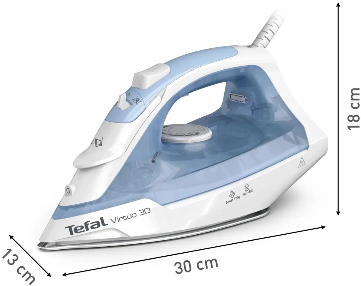 Праска Tefal Virtuo 30, 2000 Вт, 240 мл, паровий удар до 120 °C, постійна подача пари 27 г/хв, керамічна підошва, блакитно-біла.