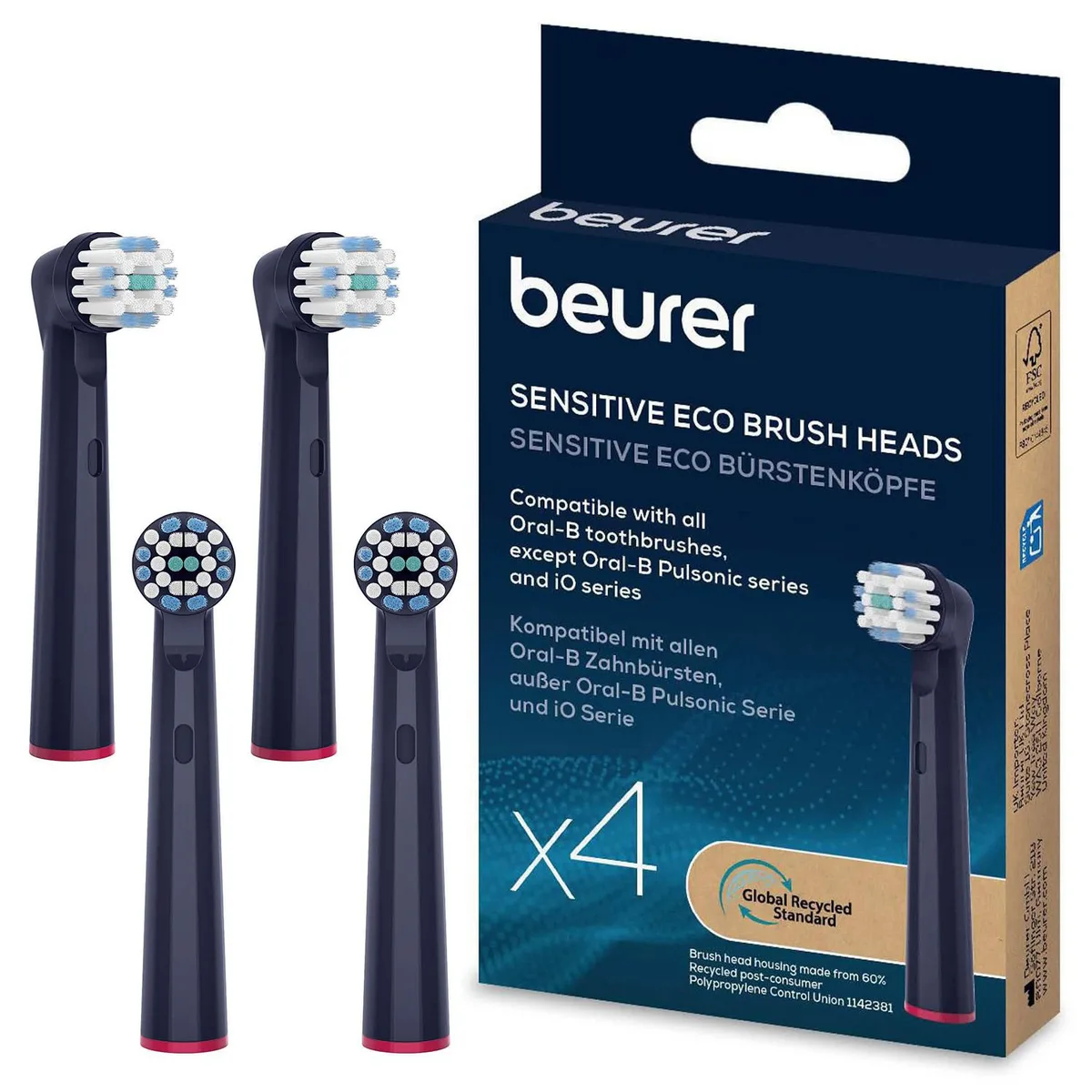 Насадки для зубних щіток Beurer TB 15/30/50 Sensitive GP, м'яке чищення, 4 шт у наборі, блакитні.