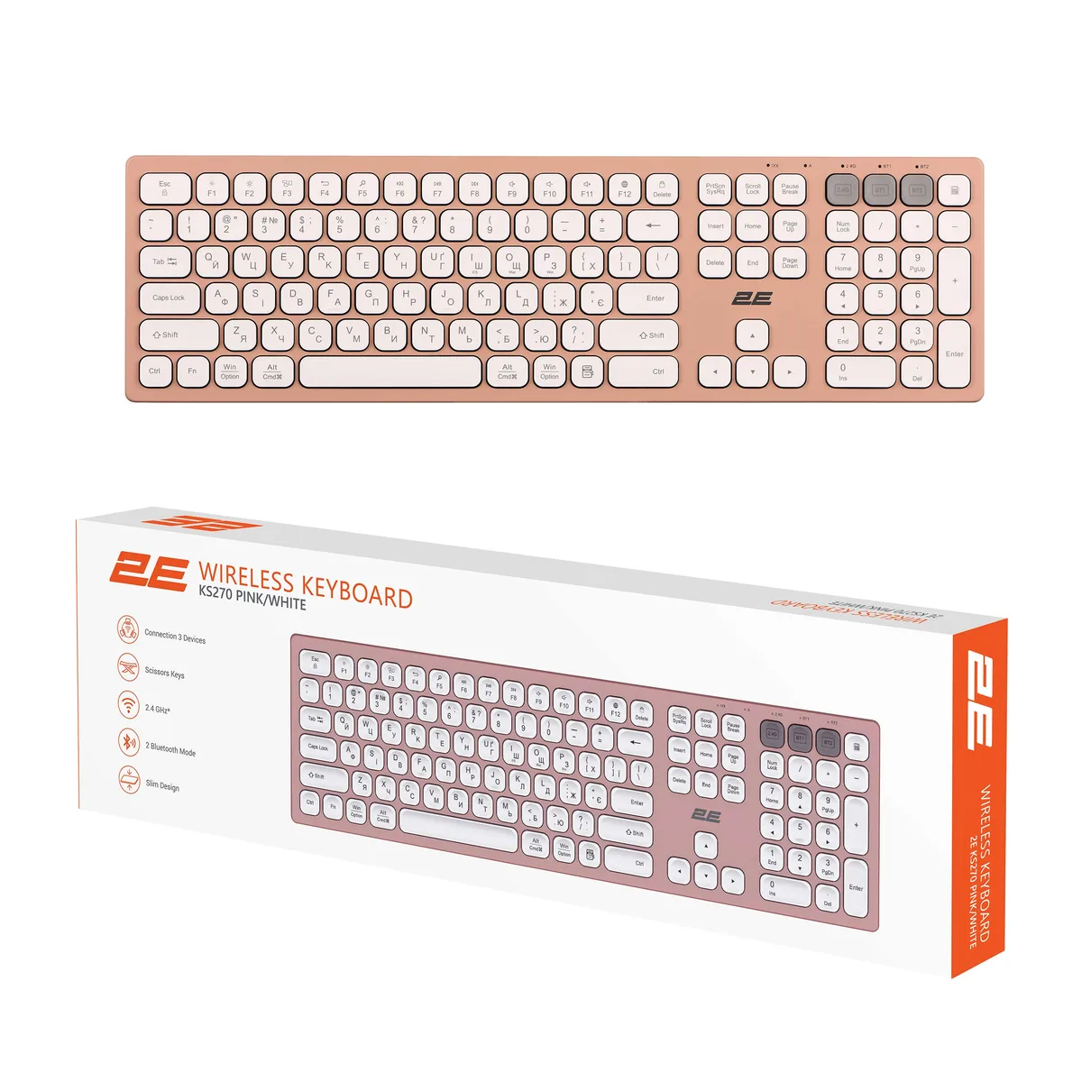 Клавіатура ножнична 2E KS270 109key, WL/BT, EN/UK, рожево-білий