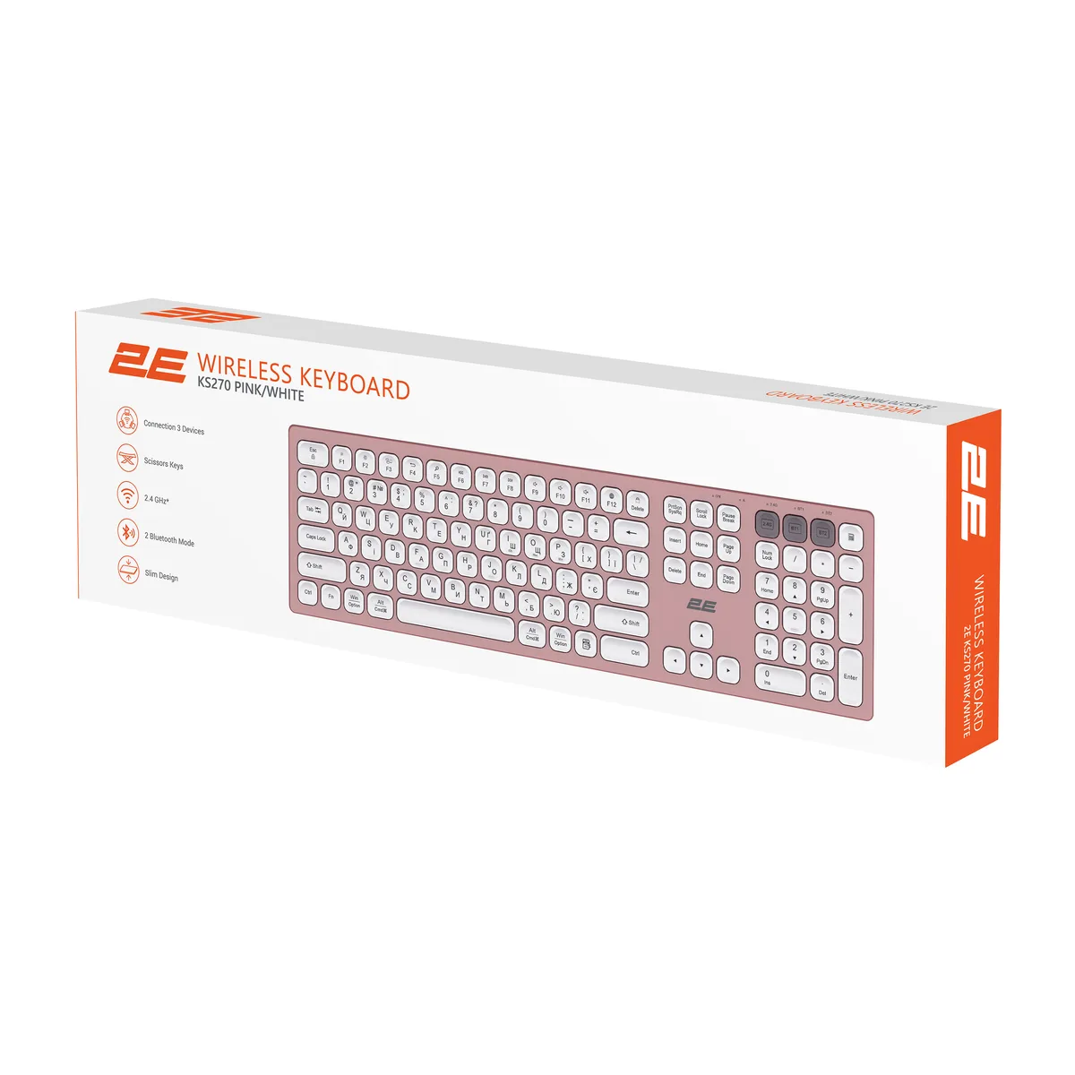 Клавіатура ножнична 2E KS270 109key, WL/BT, EN/UK, рожево-білий