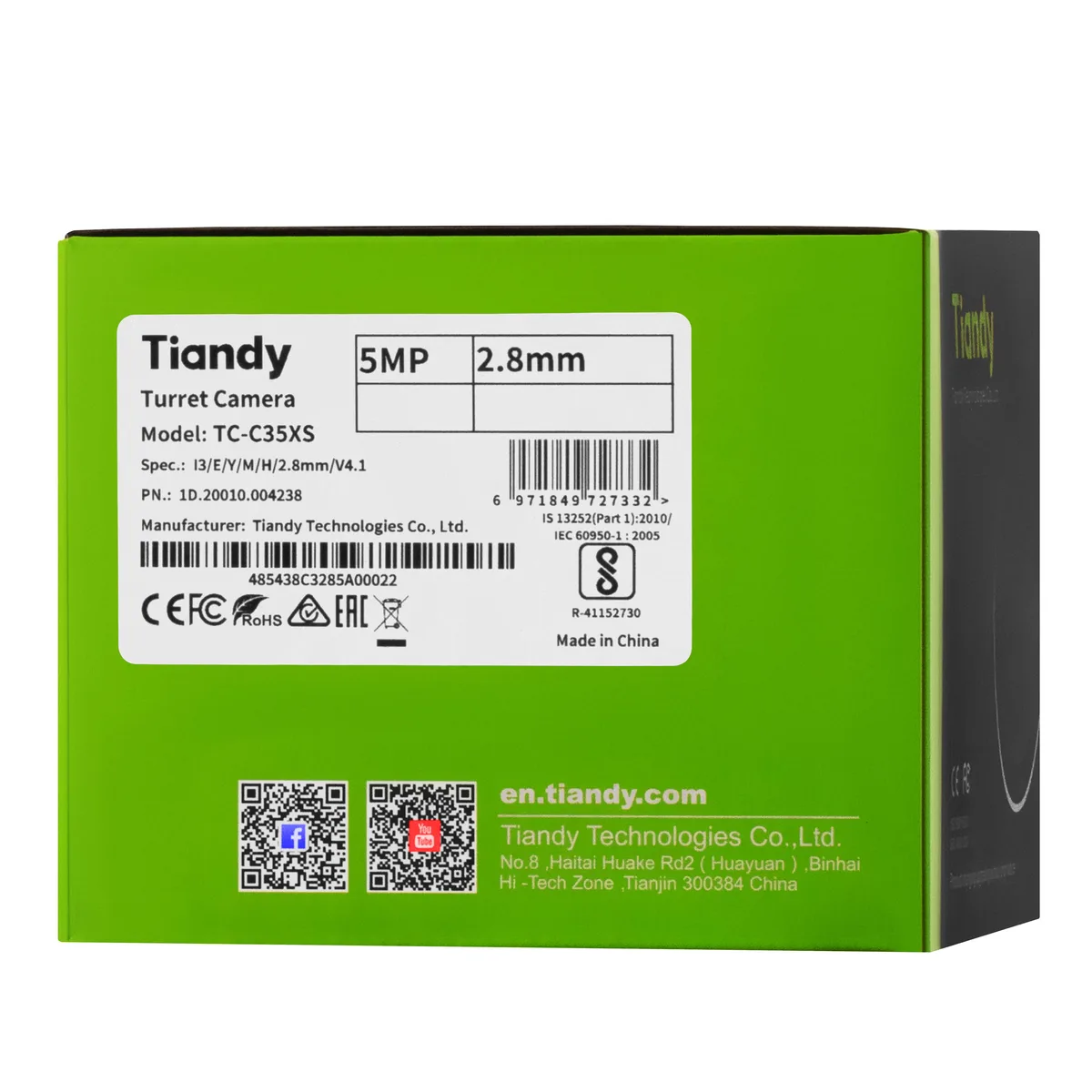 IP-камера Tiandy TC-C35XS Spec:I3/E/Y/M/H/2.8mm/V4.1, 5MP, Starlight Turret, 2.8mm, f/1.6, IR30m, DC12V, PoE, IP66
