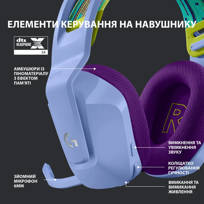 Гарнитура Logitech Беспроводная полноразмерная пластиковая фиолетовая RGB