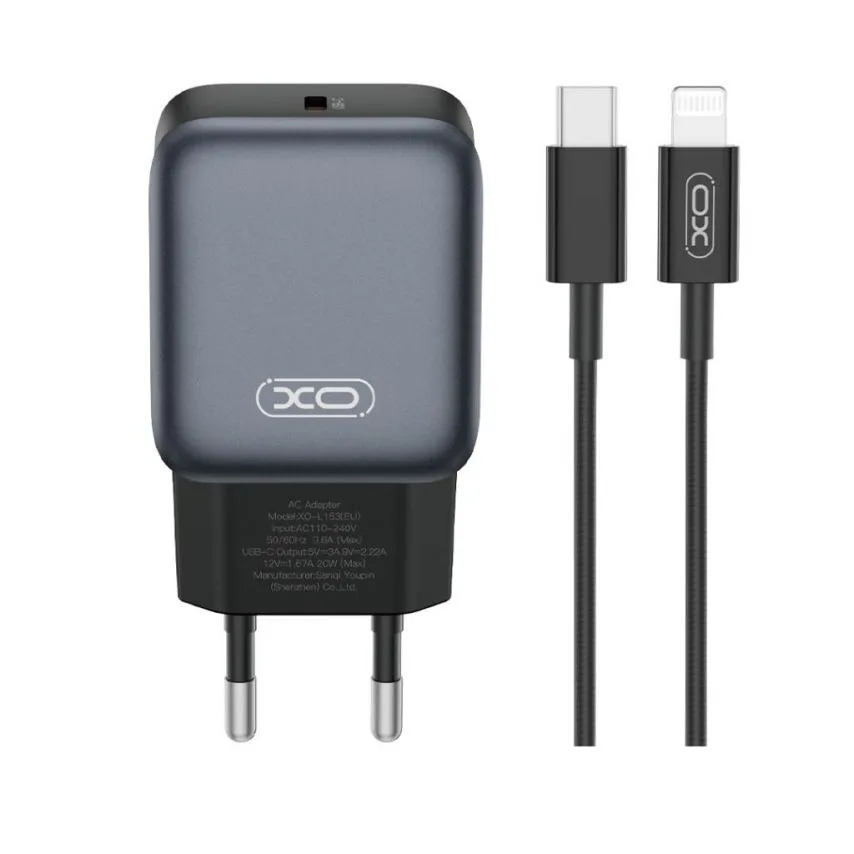 Мережевий зарядний пристрій XO ABS 83,1х40х24 мм Чорний 20W Type-C to Lightning 1м