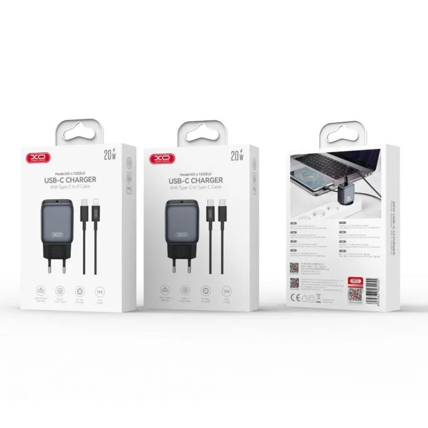 Мережевий зарядний пристрій XO ABS 83,1х40х24 мм Чорний 20W Type-C to Lightning 1м