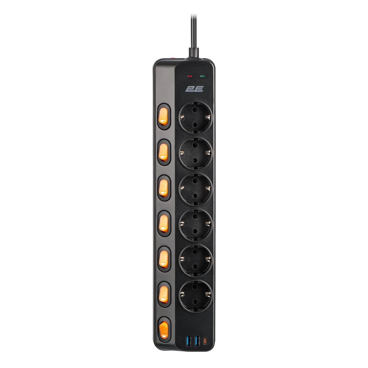 Подовжувач мережевий 2E 3м, 6xТипF, 16A, 2xUSB-A, 1x USB-C фільтр, чорний