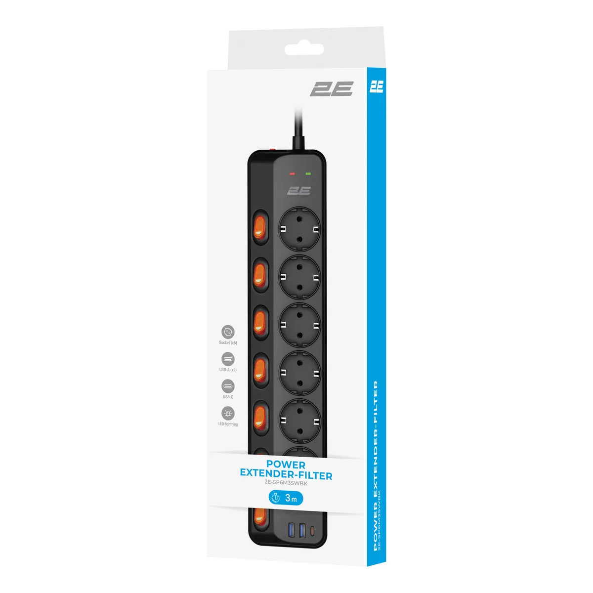 Подовжувач мережевий 2E 3м, 6xТипF, 16A, 2xUSB-A, 1x USB-C фільтр, чорний