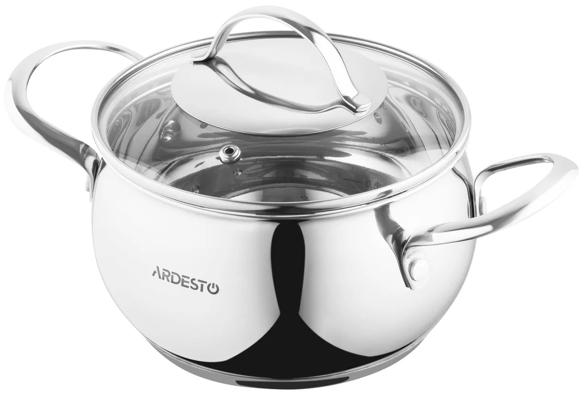 Каструля з прозорою кришкою ARDESTO Gemini Liguria, об'ємом 2.2 л, виготовлена з нержавіючої сталі.