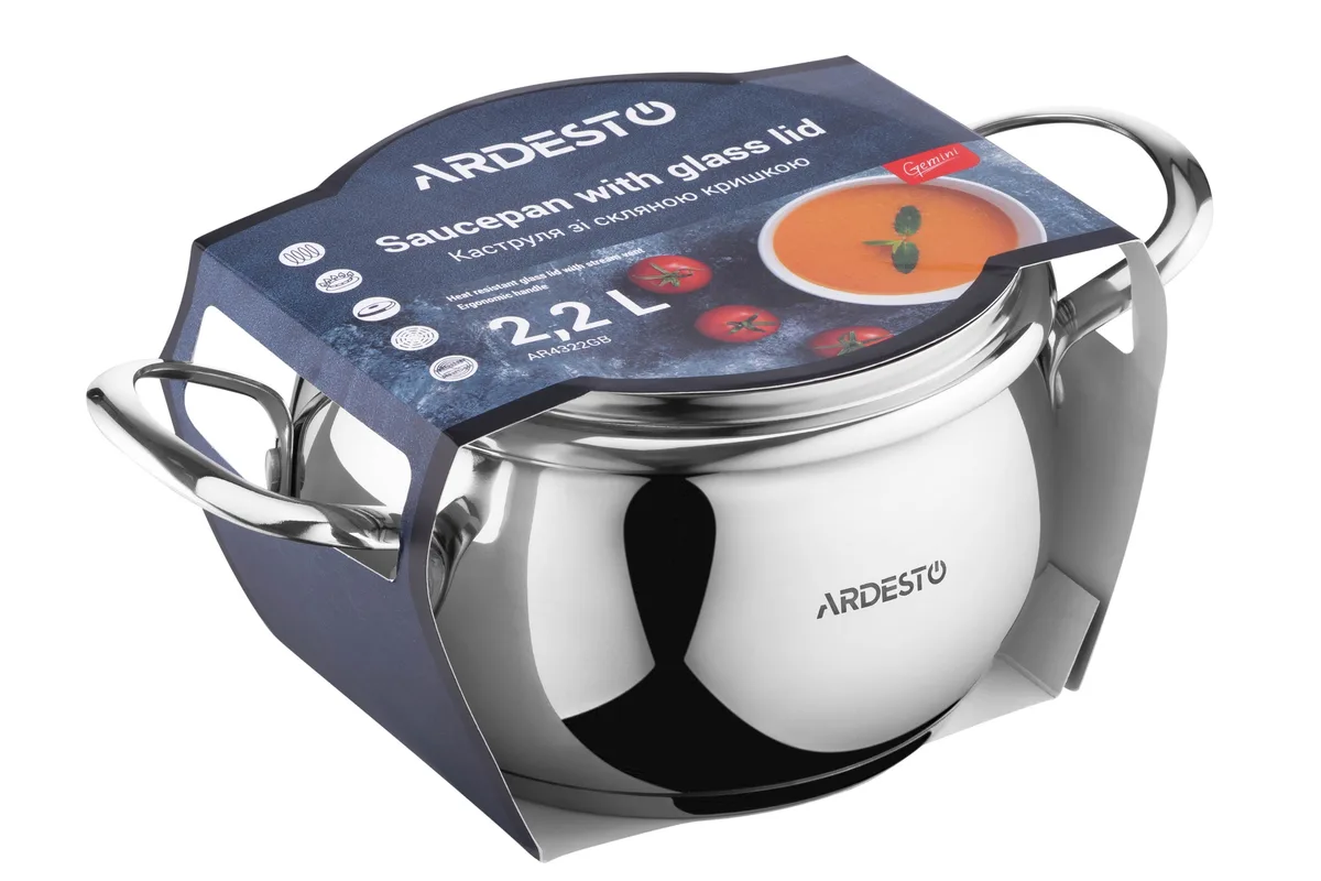 Каструля з прозорою кришкою ARDESTO Gemini Liguria, об'ємом 2.2 л, виготовлена з нержавіючої сталі.