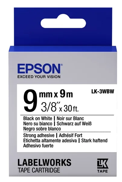 Картридж зі стрічкою Epson LK3WBW принтерів LW-300/LW-400/LW-400VP/LW-600P/LW-700/LW-Z710/LW-900P/LW-1000P/LW-Z5000BE Strng adh Blk/Wht 9mm/9m