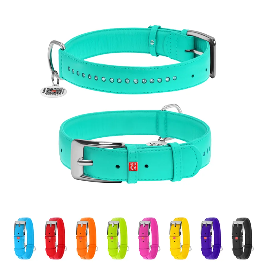 Нашийник WAUDOG Glamour XL 35 мм шкіряний ментоловий 46-60 см зі стразами