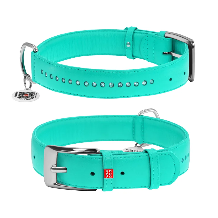 Нашийник WAUDOG Glamour XL 35 мм шкіряний ментоловий 46-60 см зі стразами