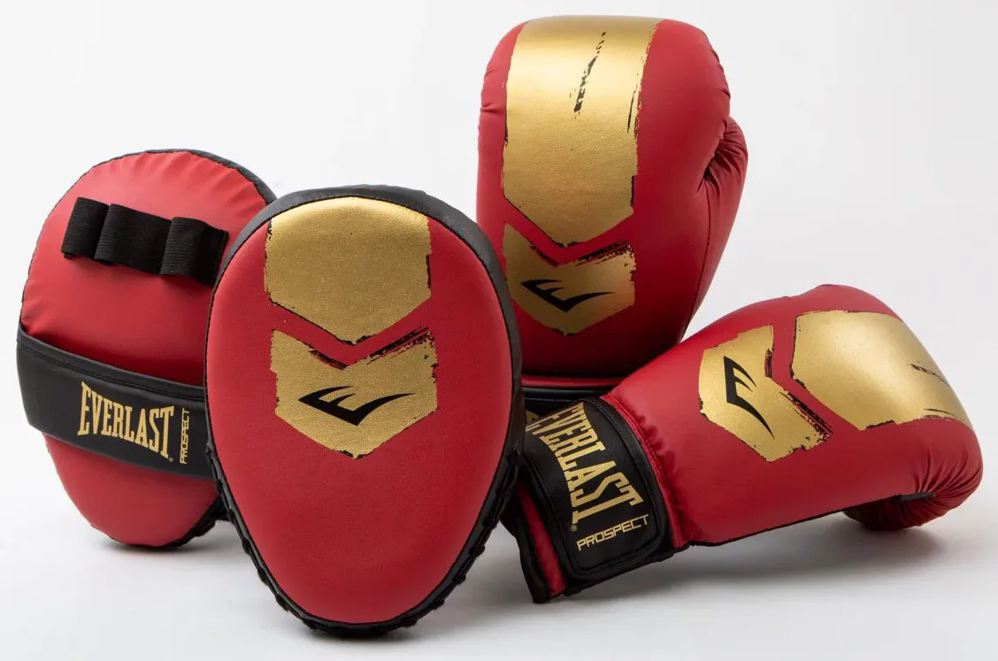 Комплект боксерських рукавичок шолома лап Everlast синтетична шкіра OSFM червоний золотий