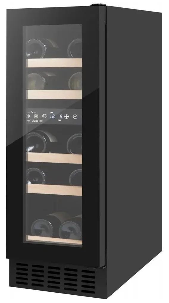 Холодильник для вина Philco, 85х29.5х57 см, об'єм 47 л, на 2 зони, розрахований на 17 пляшок, з дисплеєм та підсвіткою, чорного ко