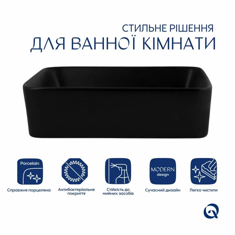 Накладная раковина Qtap Tern прямоугольная 480x370 мм керамика матовая черная