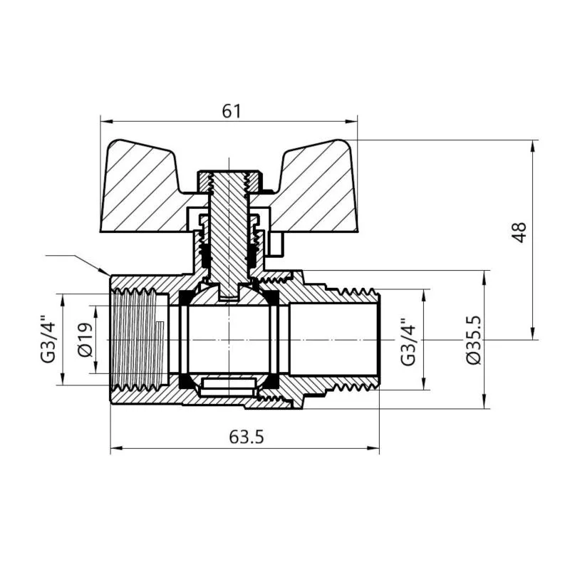 Кран шаровой 3/4" запорный для газа латунь бабочка Thermo Alliance