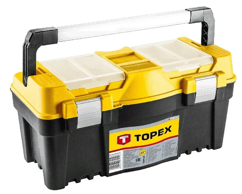 Ящик для інструментів TOPEX, 25", з органайзером у кришці, алюмінієвою ручкою, розміри 33х60х29 см, пластиковий.