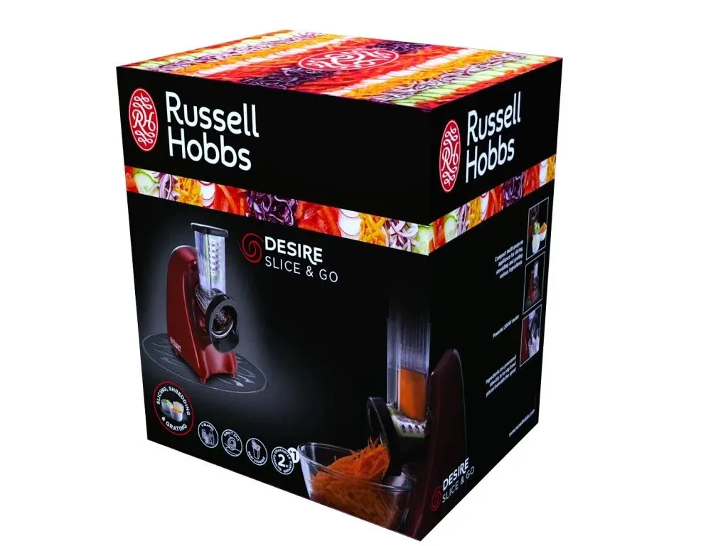 Мультирізка Russell Hobbs Desire SliceGo, 200 Вт, 3 насадки, пластиковий корпус, червоного кольору.