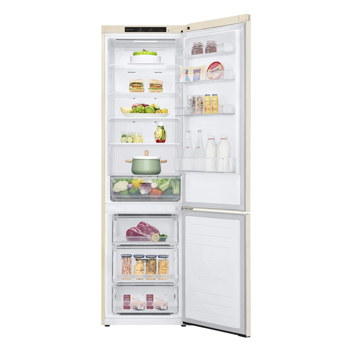 Холодильник LG с нижним морозильником, размеры 203x60x68 см, объем холодильной камеры 277 л, объем морозильной камеры 107 л, две двери, класс энергопотребления E, No Frost, инверторный компрессор, внутренний дисплей