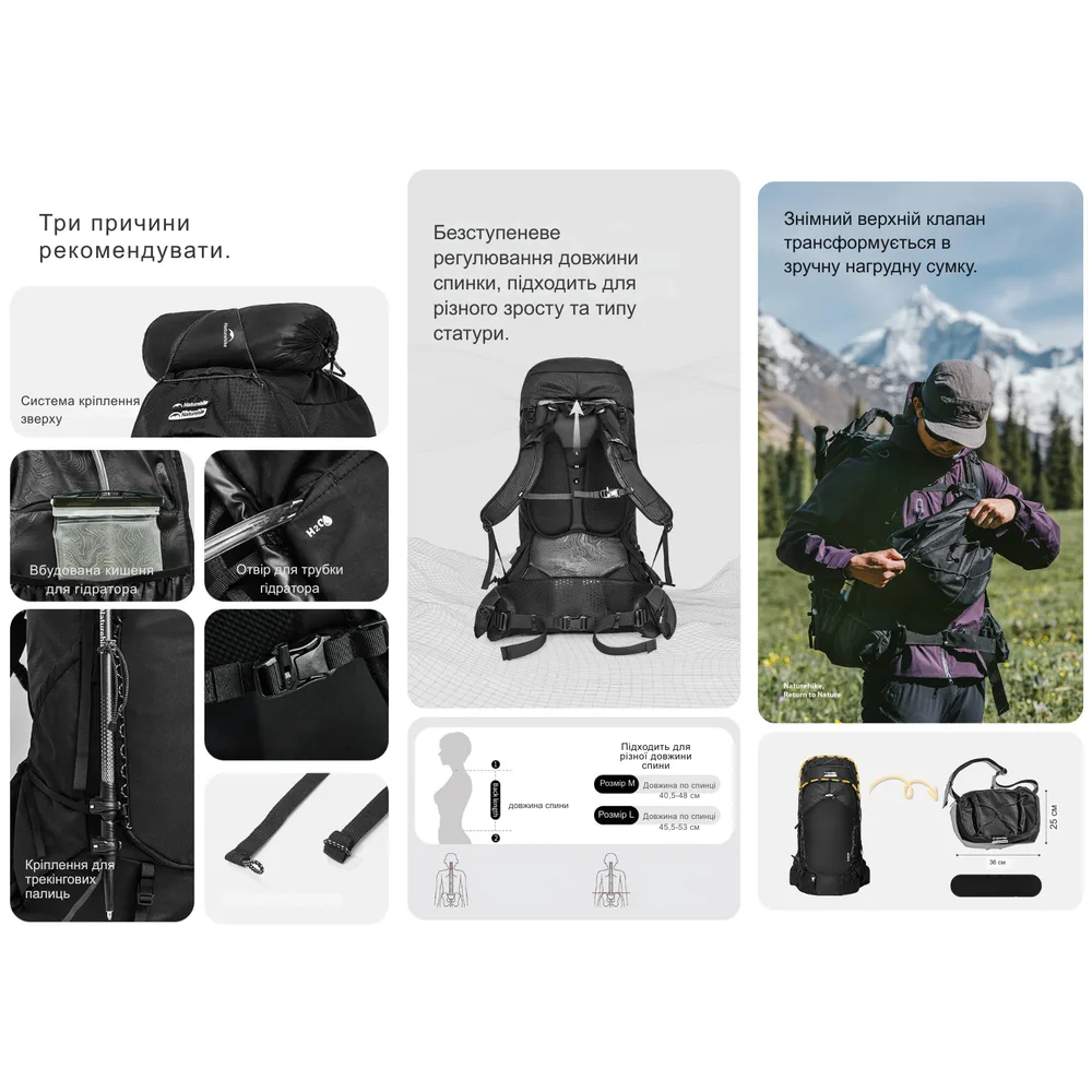 Рюкзак туристичний Naturehike Cordura 70 л чорний M