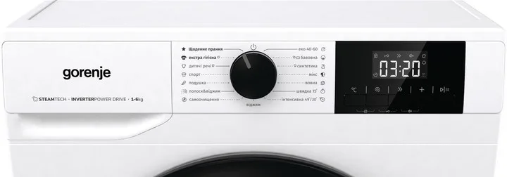 Фронтальна пральна машина Gorenje, 6 кг, 1000 об/хв, клас енергоефективності A+++, 43.5 см, з дисплеєм, функцією пари, інверторний
