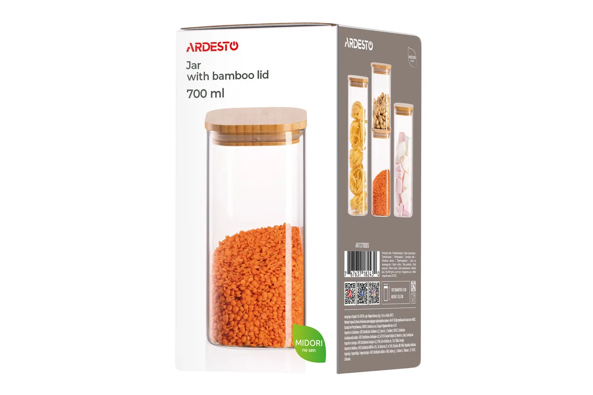 Контейнер для зберігання ARDESTO Midori 700 мл, скляний, з бамбуковою кришкою, квадратної форми, прозорий.